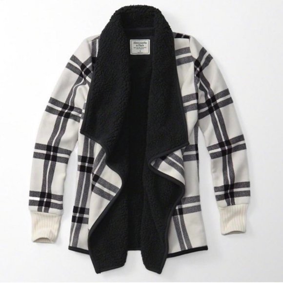 Abercrombie & Fitch Jackets & Blazers - Abercrombie & Fitch Sherpa Waterfall Coat Jacket White Plaid, Women’s Size Large
